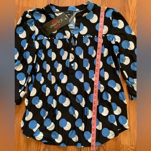 COCOMO Large Black blue white 3/4 sleeve studded women's Pintuck Blouse shirt - Picture 13 of 16